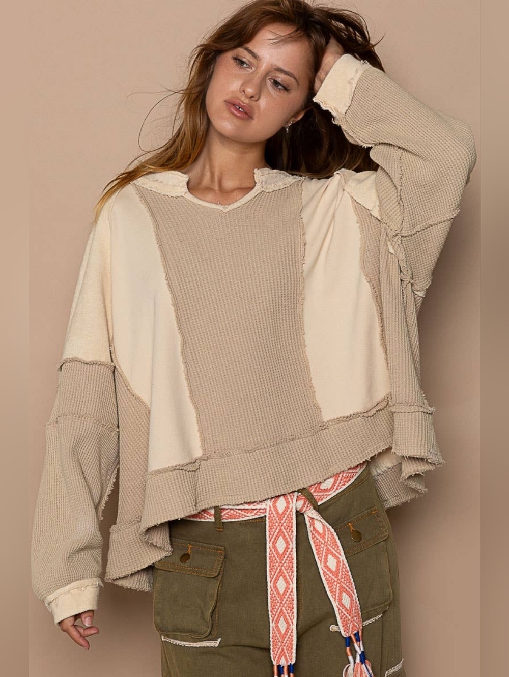 POL Boho Raw Edge Thermal Patchwork Top Tan Neutral Beige S